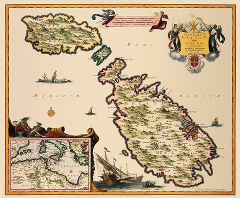 Mediterranean Malta - Visscher 1681 White Modern Wood Framed Art Print with Double Matting by Visscher