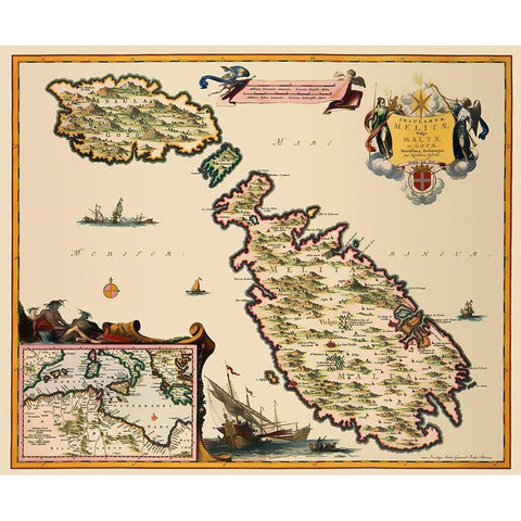 Mediterranean Malta - Visscher 1681 White Modern Wood Framed Art Print by Visscher