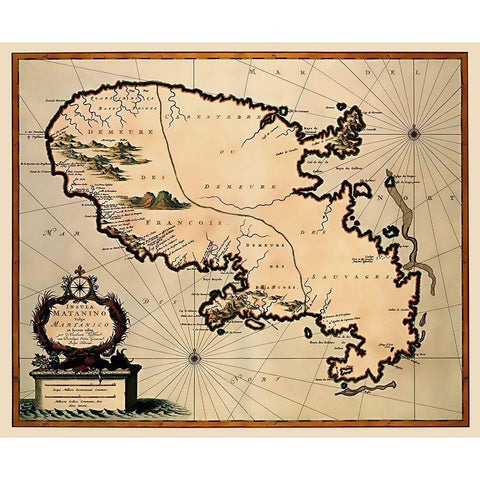 Caribbean Martinique - Visscher 1681 Black Modern Wood Framed Art Print with Double Matting by Visscher