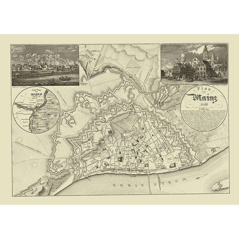 Mainz Germany - Hildburghausen 1849 Black Modern Wood Framed Art Print with Double Matting by Hildburghausen