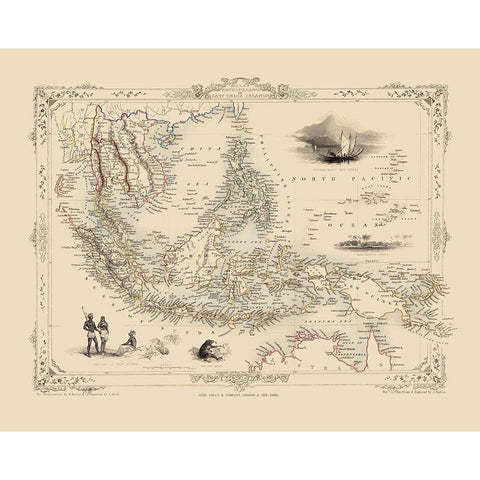 Malasian Archipelago Asia - Tallis 1851 Gold Ornate Wood Framed Art Print with Double Matting by Tallis