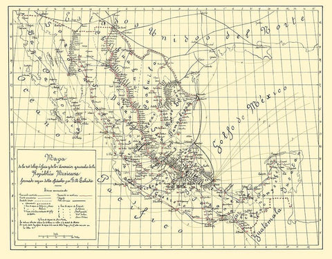 Telegraphs Mexico - Labadie 1884 Black Ornate Wood Framed Art Print with Double Matting by Labadie