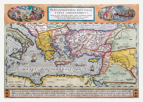 Journeys of Paul Middle East - Ortelius 1570 Black Ornate Wood Framed Art Print with Double Matting by Ortelius