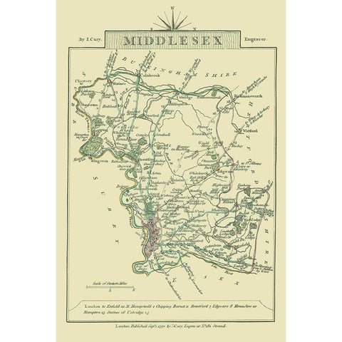 Middlesex County England - Cary 1792 White Modern Wood Framed Art Print by Cary