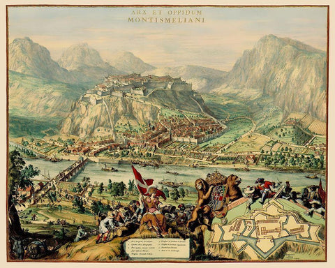 Montmelian Fortress France - DeHooghe 1675 Black Ornate Wood Framed Art Print with Double Matting by De Hooghe