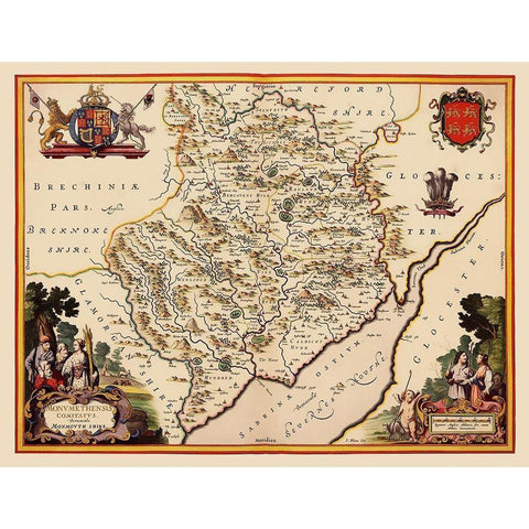 Monmouthshire Wales Great Britain - Blaeu 1645 Gold Ornate Wood Framed Art Print with Double Matting by Blaeu