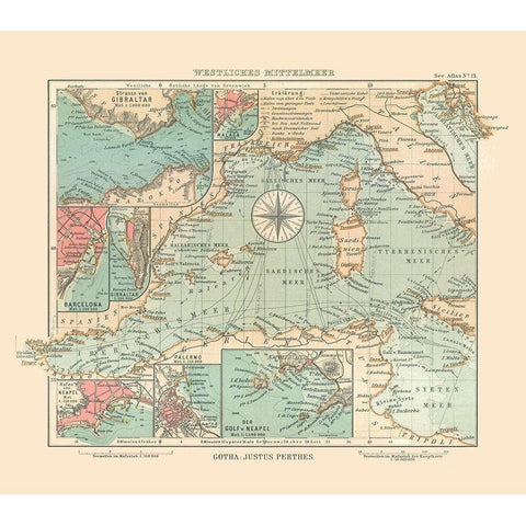 Western Mediterranean Sea - Perthes 1914 Gold Ornate Wood Framed Art Print with Double Matting by Perthes