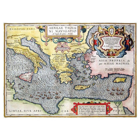 Mediterranean Sea - Ortelius 1594 Gold Ornate Wood Framed Art Print with Double Matting by Ortelius