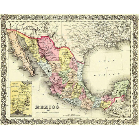 Mexico - Colton 1856 Black Modern Wood Framed Art Print with Double Matting by Colton