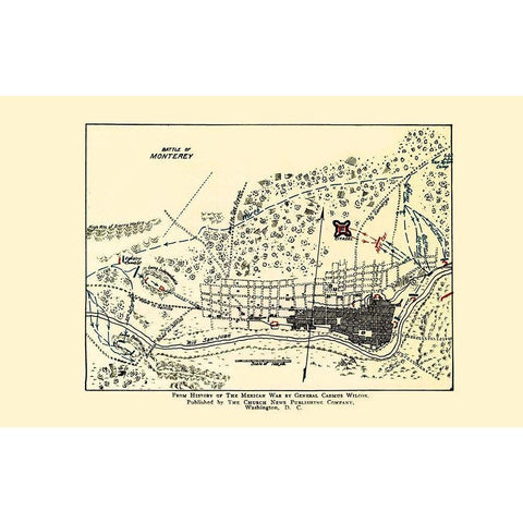 Monterey Battle Map Mexican American War 1892 Black Modern Wood Framed Art Print with Double Matting by Church News Publishing