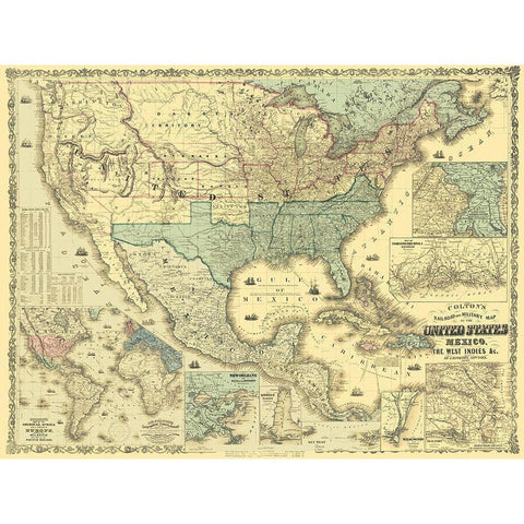 West Indies United States Mexico - Colton 1862 Black Modern Wood Framed Art Print with Double Matting by Colton