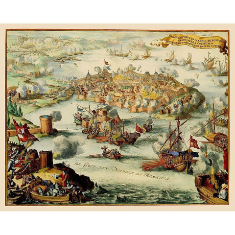 Nafplio Conquest Greece - DeHooghe 1686 Black Modern Wood Framed Art Print with Double Matting by De Hooghe
