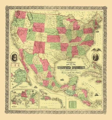 United States, Territories, Mexico, Caribbean 1872 Black Ornate Wood Framed Art Print with Double Matting by Bridgman