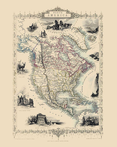 North America - Tallis 1851 Black Ornate Wood Framed Art Print with Double Matting by Tallis