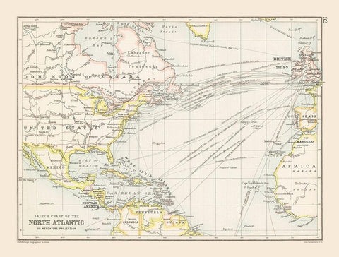 North Atlantic Chart - Bartholomew 1892 White Modern Wood Framed Art Print with Double Matting by Bartholomew