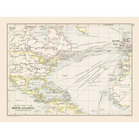 North Atlantic Chart - Bartholomew 1892 Gold Ornate Wood Framed Art Print with Double Matting by Bartholomew