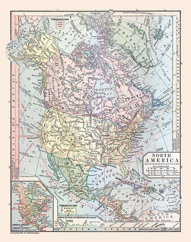 North America United States Mexico Canada Black Ornate Wood Framed Art Print with Double Matting by Monteith