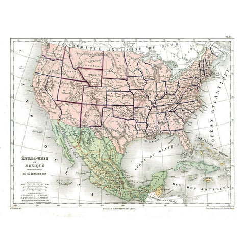 North America United States Mexico Gold Ornate Wood Framed Art Print with Double Matting by Cortambert