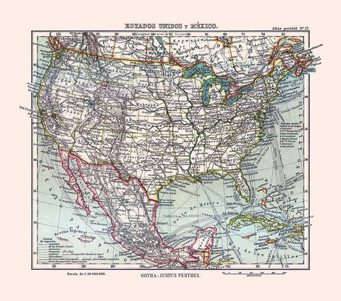 North America United States Mexico - Perthes 1921 White Modern Wood Framed Art Print with Double Matting by Perthes