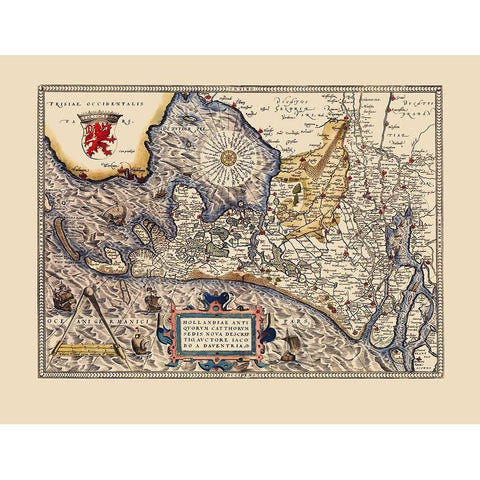 Holland Netherlands - Ortelius 1574 Gold Ornate Wood Framed Art Print with Double Matting by Ortelius