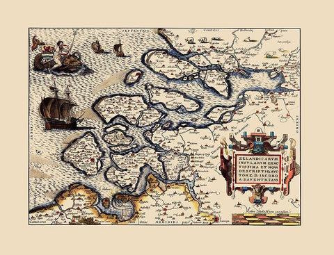 Holland Netherlands - Ortelius 1573 Black Ornate Wood Framed Art Print with Double Matting by Ortelius