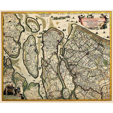 South Holland Netherlands - Visscher 1681 Gold Ornate Wood Framed Art Print with Double Matting by Visscher
