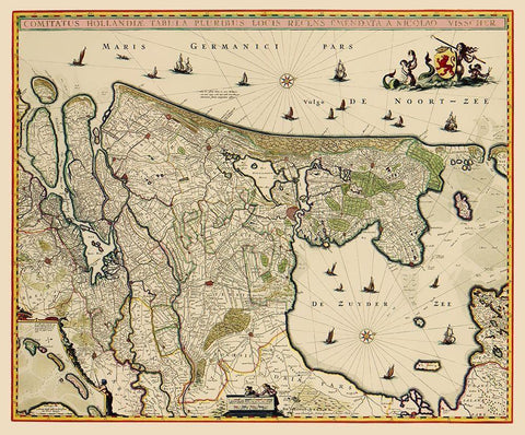 Holland Netherlands - Visscher 1682 Black Ornate Wood Framed Art Print with Double Matting by Visscher