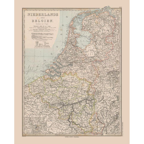 Europe Netherlands Belgium - Stieler 1885 Gold Ornate Wood Framed Art Print with Double Matting by Stieler