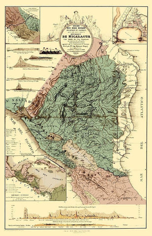 Central America Nicaragua Canal Topographic Black Ornate Wood Framed Art Print with Double Matting by Dupuy