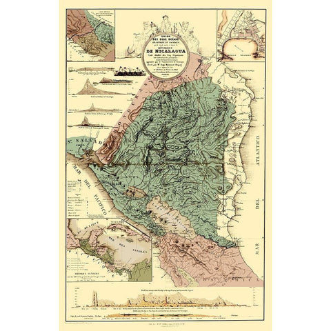 Central America Nicaragua Canal Topographic White Modern Wood Framed Art Print by Dupuy