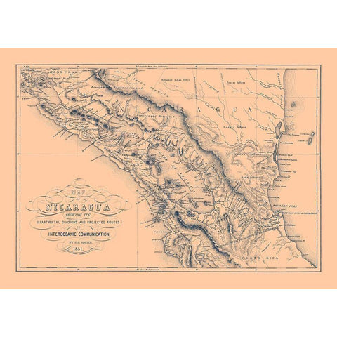 Central America Nicaragua - Squier 1851 Black Modern Wood Framed Art Print with Double Matting by Squier