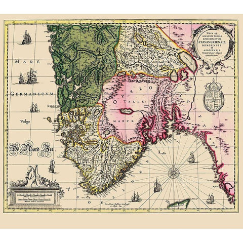 Scandinavia Southern Norway - Janssonius 1636 Gold Ornate Wood Framed Art Print with Double Matting by Janssonius