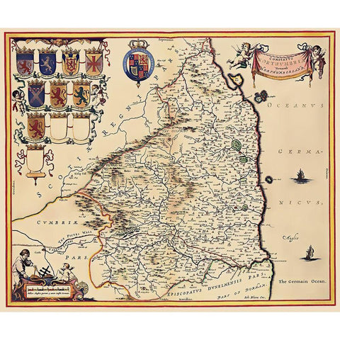 Northumberland County England - Blaeu 1645 Black Modern Wood Framed Art Print with Double Matting by Blaeu