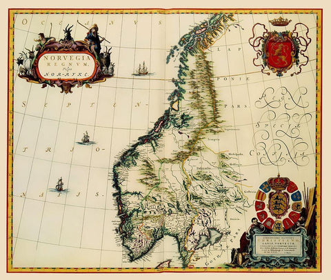 Scandinavia Norway - Blaeu 1662 Black Ornate Wood Framed Art Print with Double Matting by Blaeu