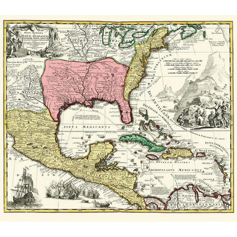 Central America New Spain Mexico - Homann 1732 Gold Ornate Wood Framed Art Print with Double Matting by Homann