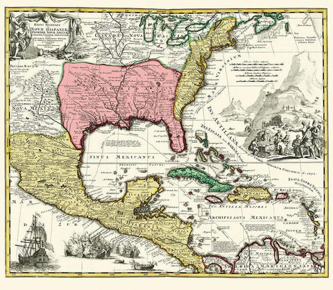 Central America New Spain Mexico - Homann 1732 White Modern Wood Framed Art Print with Double Matting by Homann