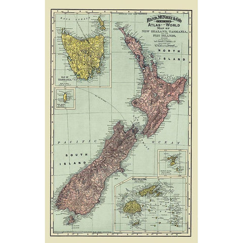 Tasmania Fiji Oceania New Zealand Australia Black Modern Wood Framed Art Print by Rand McNally