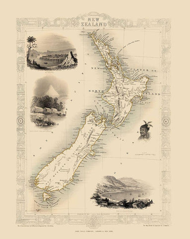 Oceania New Zealand - Tallis 1851 White Modern Wood Framed Art Print with Double Matting by Tallis