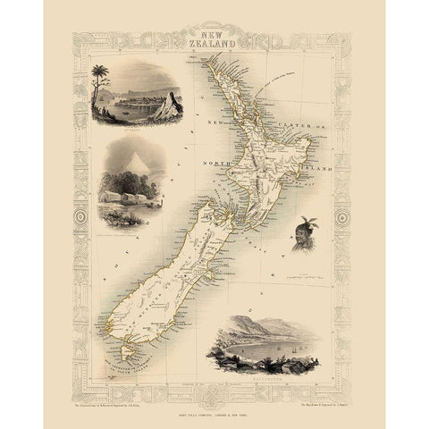Oceania New Zealand - Tallis 1851 Gold Ornate Wood Framed Art Print with Double Matting by Tallis