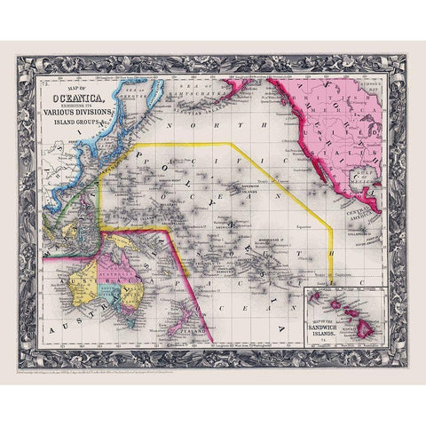 Oceania Divisions Island Groups - Mitchell 1860 White Modern Wood Framed Art Print by Mitchell