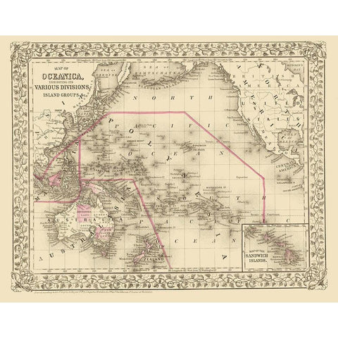 Oceania Divisions Island Groups - Mitchell 1879 Gold Ornate Wood Framed Art Print with Double Matting by Mitchell