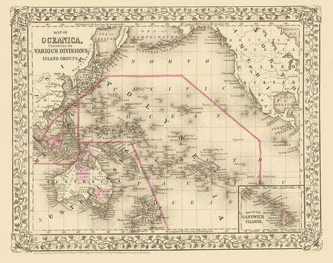 Oceania Divisions Island Groups - Mitchell 1879 Black Ornate Wood Framed Art Print with Double Matting by Mitchell