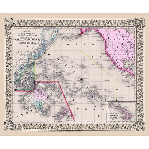 Oceania Divisions Island Groups - Mitchell 1867 Black Modern Wood Framed Art Print with Double Matting by Mitchell