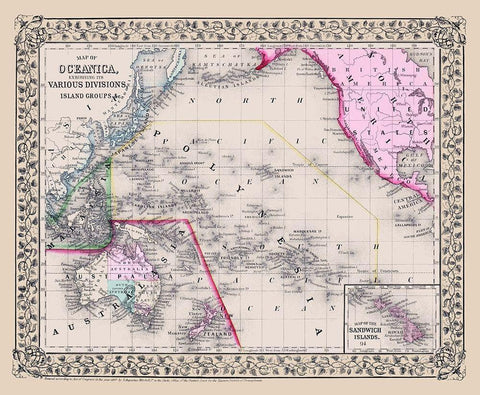 Oceania Divisions Island Groups - Mitchell 1867 Black Ornate Wood Framed Art Print with Double Matting by Mitchell