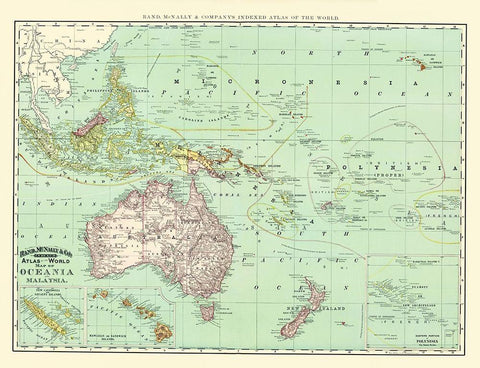 Oceania Malaysia - Rand McNally 1892 Black Ornate Wood Framed Art Print with Double Matting by Rand McNally