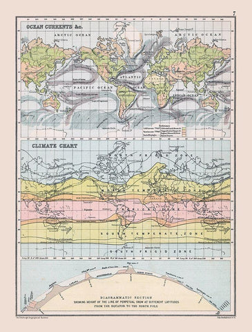 Ocean Currents Climate Chart - Bartholomew 1892 Black Ornate Wood Framed Art Print with Double Matting by Bartholomew