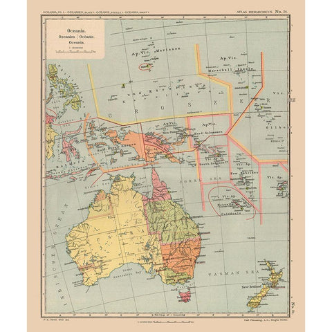 Oceania Australia New Zealand - Streit 1913 White Modern Wood Framed Art Print by Streit