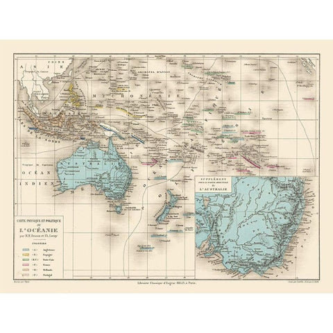 Oceania Physical Political - Drioux 1882 White Modern Wood Framed Art Print by Drioux