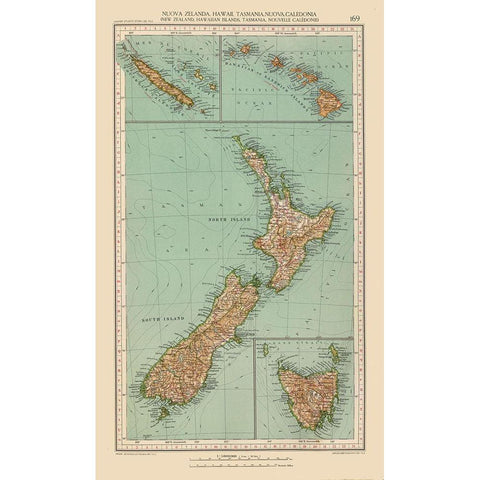 Hawaii New Zealand New Caledonia Tasmania - Santini 1794  Gold Ornate Wood Framed Art Print with Double Matting by Unknown