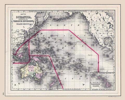 Oceania Islands - Bradley 1887  Black Ornate Wood Framed Art Print with Double Matting by Bradley